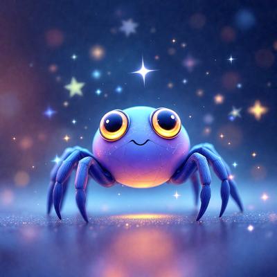 The primary subject of the image is a purple spider with big eyes, sitting on a surface. The setting is a dark room with a starry background, creating a mysterious and enchanting atmosphere. The visual style is a digital art or illustration, with the spider being the main focus of the image. The colors and mood are predominantly purple and blue, giving the scene a calm and serene vibe.